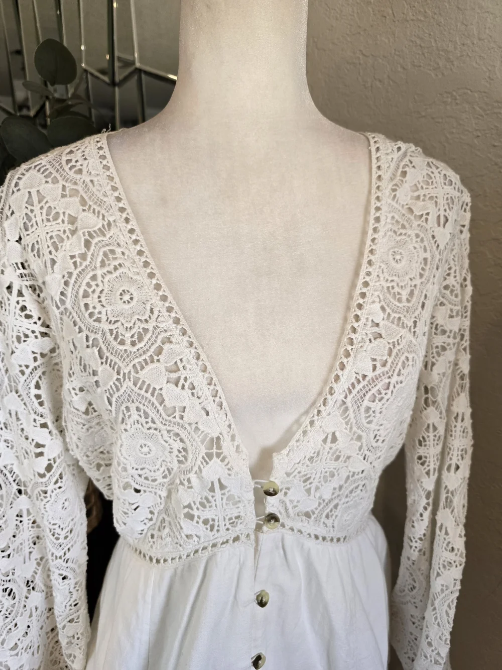 Free People Women’s Shrimpton White Crochet Mini Dress Tie Back Pockets L
